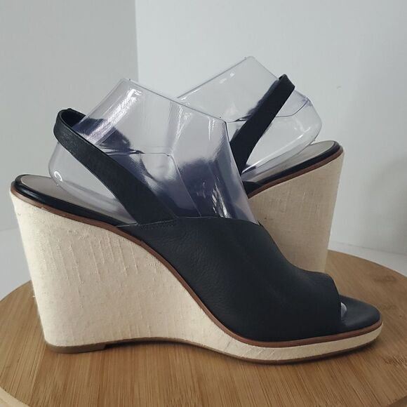 1. State Black Leather Genna Slingback Wedge Sandal Peep Toe Heel 10M - Picture 8 of 14